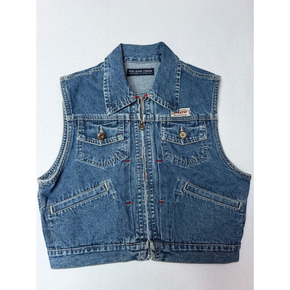 Pepe Jeans London Vintage Denim Vest Medium Wash Zip Up Blue Women Small